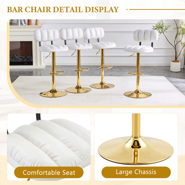 English Elm Set of 2 Adjustable Pu Leather Barstools with Chrome Base for Kitchen or Home Bar White+Gold W3875P378575