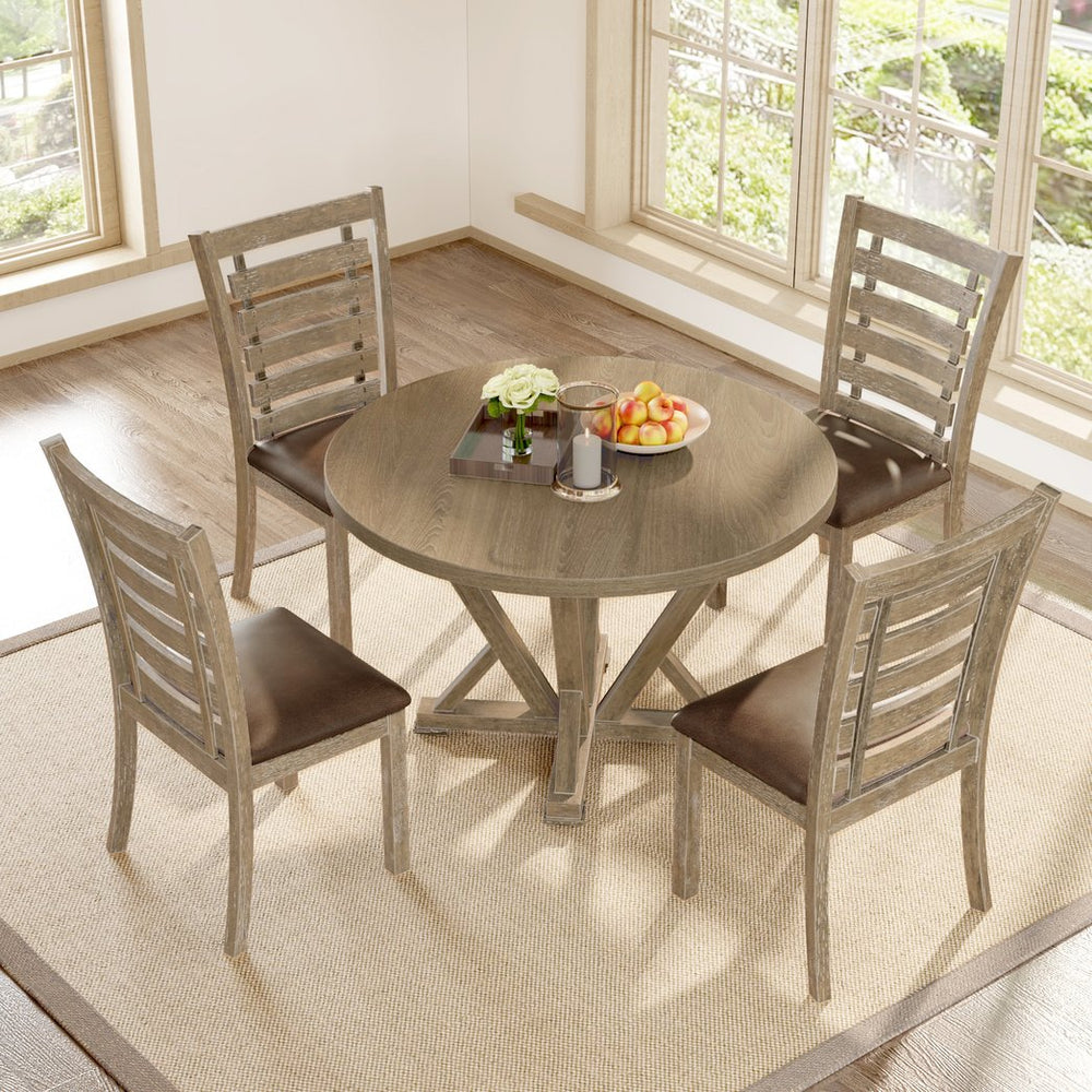English Elm [5-piece Round Dining Set Solid Wood Distressed Farmhouse Table with Cushioned Chairs W2537S00005