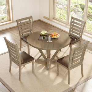English Elm [5-piece Round Dining Set Solid Wood Distressed Farmhouse Table with Cushioned Chairs W2537S00005