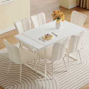 English Elm 55"X31.5"Cream-Style White Mdf Dining Table Set With 6 Armless Chairs.Mdf Tabletop and Metal Legs.The Backrest Of The Dining Chair Has A Vertical Line Design.Adding A Warm Atmosphere To Your Family.