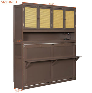 English Elm Twin Murphy Bed with Rattan Cabinet Doors Led Lighting and Usb Charging for Small Spaces Espresso LP000740AAP