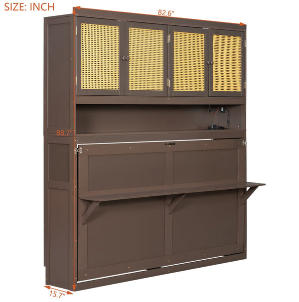 English Elm Twin Murphy Bed with Rattan Cabinet Doors Led Lighting and Usb Charging for Small Spaces Espresso LP000740AAP