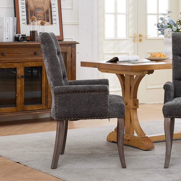 English Elm Upholstered Chenille Club Dining Chair Tufted High Back with Curved Solid Wood Legs Gray W1143P449348