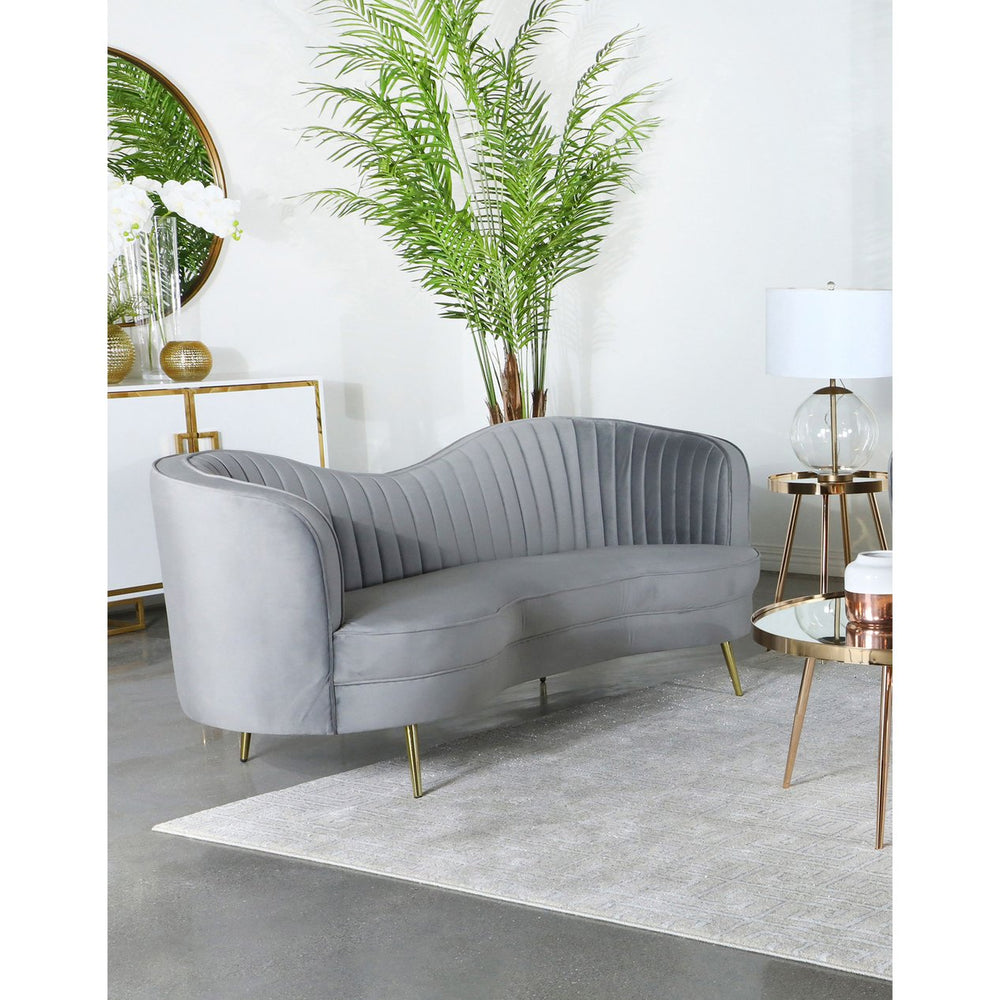 English Elm Reigha Grey Velvet Sofa with Gold Legs — Mid-Century Glam Channel Tufted Bench Seat, 84" Wide B062P351442