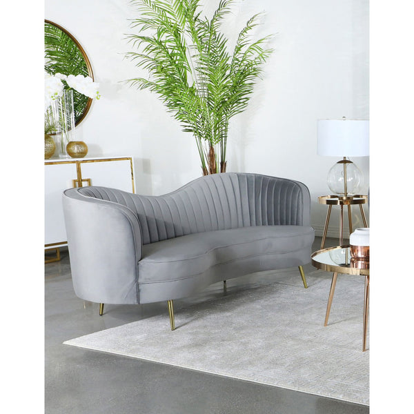 English Elm Reigha Grey Velvet Sofa with Gold Legs — Mid-Century Glam Channel Tufted Bench Seat, 84" Wide B062P351442