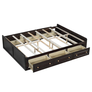 English Elm Wood Queen Size Platform Bed Frame with 6 Drawers for Storage, Sturdy Pine/MDF Slat System, 500lb Capacity Espresso N709P241723P