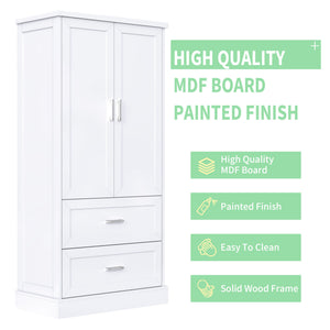 English Elm Tall White Mdf Bathroom Storage Cabinet with Adjustable Shelves and Two Lower Drawers N725S178675K