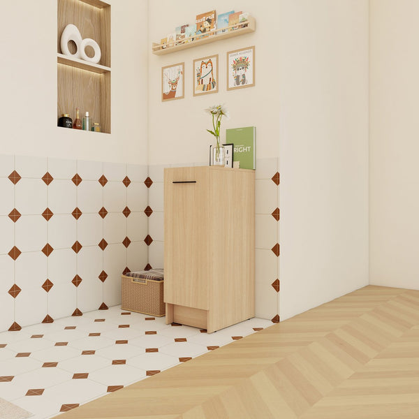 English Elm 12" Wall-mounted Oak Plywood Bathroom Linen Cabinet Slim Floating Single Door Storage W3450P440611