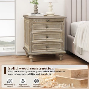 English Elm Farmhouse Nightstand Pine Wood Four Drawer Storage with Pull Out Tray Gourd Legs Natural+White W1716P399642