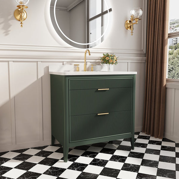 English Elm Fully Assembled 36" Green Bathroom Vanity With Solid Wood, Carrara Marble Top & Soft-Close Features W1826P308980