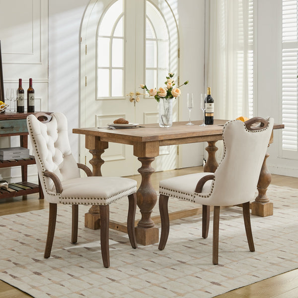 English Elm Velvet Upholstered Dining Chair with Handmade Tufting, Solid Wood Handles, Copper Nail Trim, Set of 2 Beige W1143P338140