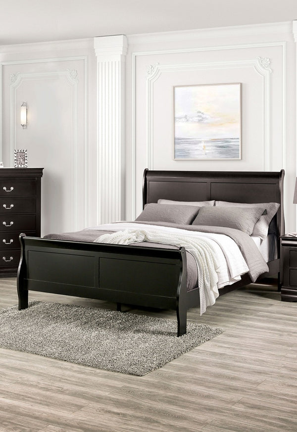 English Elm Black Sleigh Queen Bed with Louis Philippe Style, Curved Headboard & Sturdy Bracket Feet Black 27 L x 55 W x 6 H B2741S00577
