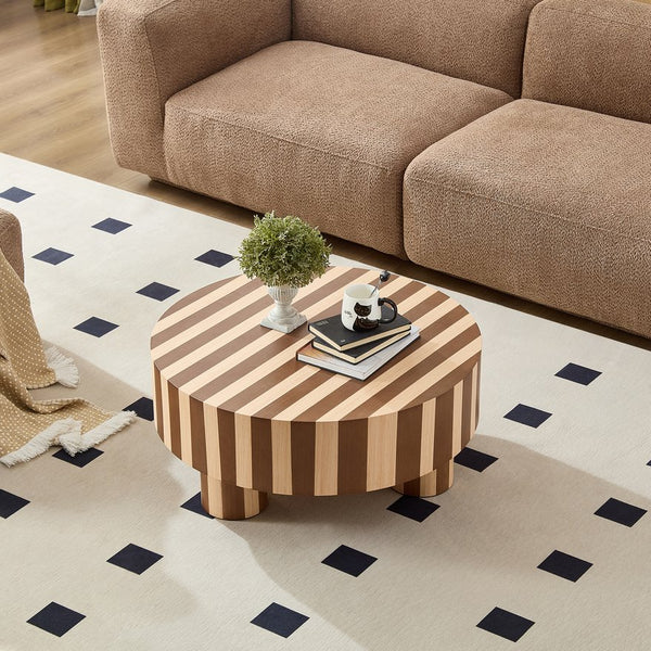 English Elm Round Red Oak Veneer Coffee Table Low Profile Two Tone Striped Modern Living Room Natural,Walnut W2085P384773