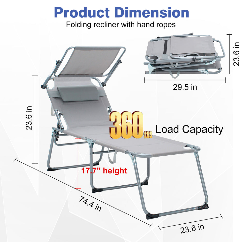 English Elm Folding Outdoor Lounge Chair with Canopy Bungee Mesh Seat and Adjustable Recline W3162P414612