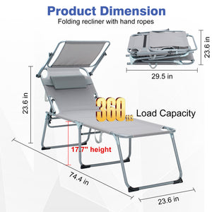 English Elm Folding Outdoor Lounge Chair with Canopy Bungee Mesh Seat and Adjustable Recline W3162P414612