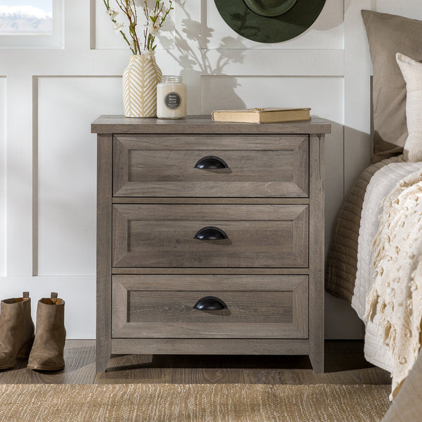 English Elm Walker Edison - Transitional Farmhouse 3-Drawer Nightstand with Framed Faces, Cup Handles, Smooth Glides, Durable MDF Finish Gray Wash 30 L x 22 W x 8 H B185P169301