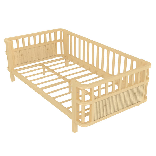English Elm Twin Pine House Frame Floor Bed with Peaked Roof and Fence Guardrails for Kids Natural W1858P389994