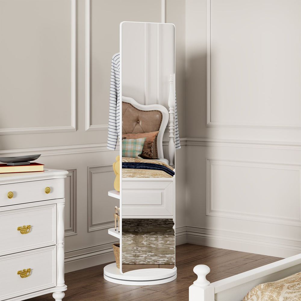 English Elm 360° Rotating Full Length Mirror with Coat Hooks Solid Rubberwood Frame White Bedroom W2987P289172