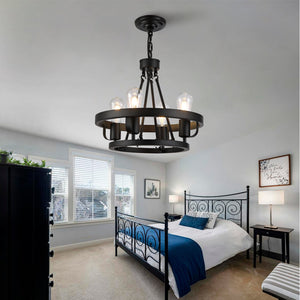English Elm Four-light Wagon Wheel Pendant Matte Black Metal Industrial Plug-in Dining Fixture W2991P407027
