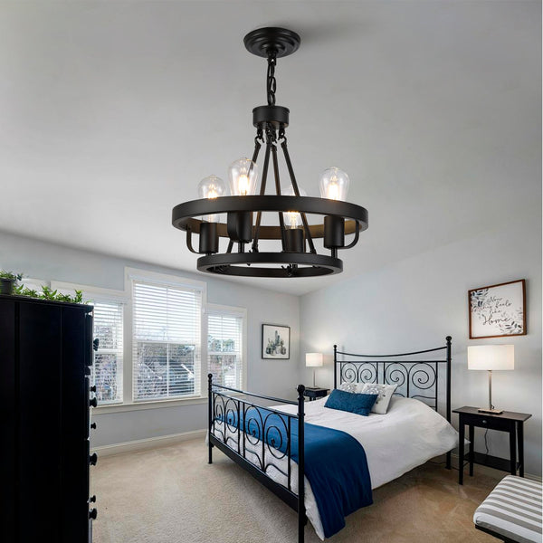 English Elm Four-light Wagon Wheel Pendant Matte Black Metal Industrial Plug-in Dining Fixture W2991P407027