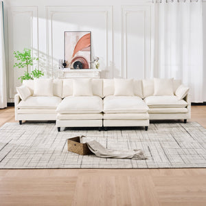 English Elm 140.9-inch U-shaped Modular Sectional Sofa with Ottomans Chenille Cloud Cushions Beige W288S00029
