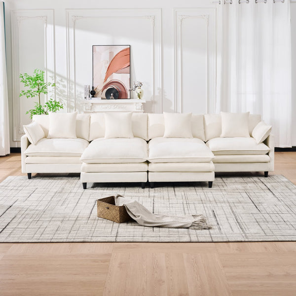 English Elm 140.9-inch U-shaped Modular Sectional Sofa with Ottomans Chenille Cloud Cushions Beige W288S00029