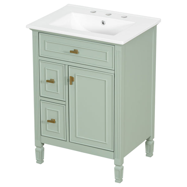 English Elm 24-Inch Bathroom Vanity with Sink, Solid Wood & MDF, Ceramic Top, Gold Handles, Flip Drawer Design Green N725P350824F