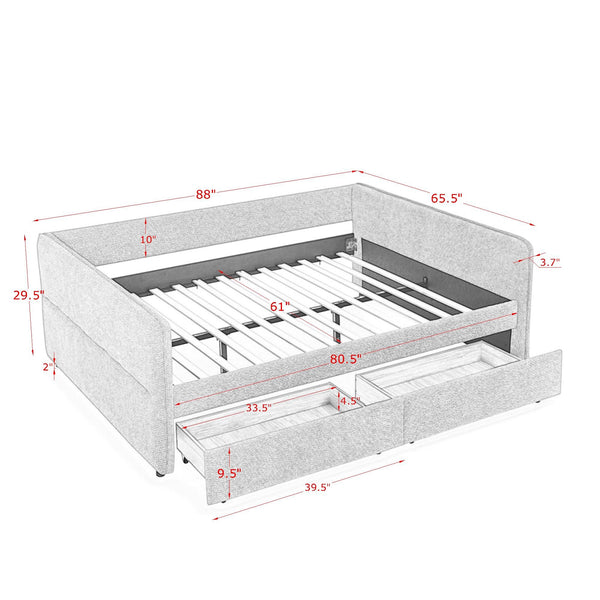 English Elm Daybed With Trundle - Stylish Upholstered Queen Sofa Bed In Grey Boucle With Storage Drawers W1413S00073