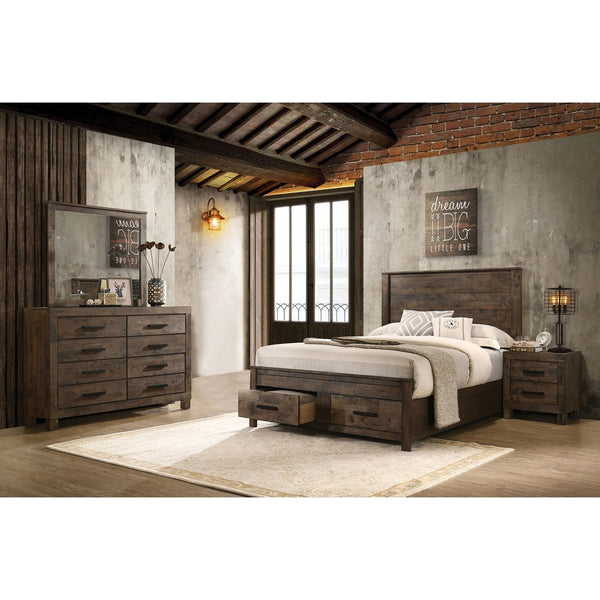 English Elm Greely Rustic Golden Brown 4-Piece Bedroom Set with Tall Headboard, Footboard Storage, Ample Drawers B062S01003