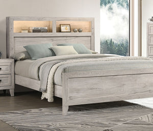 English Elm Simple Queen Size Bed With Integrated Headboard Shelves & Ambient Lighting - White Wash Finish B2741S00220-GIGA
