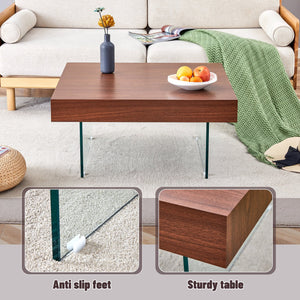 English Elm Walnut Square MDF Coffee Table 31.5"x31.5" with Tempered Glass Legs, Thick 4" Top, Anti-Slip Pads W1151P233512