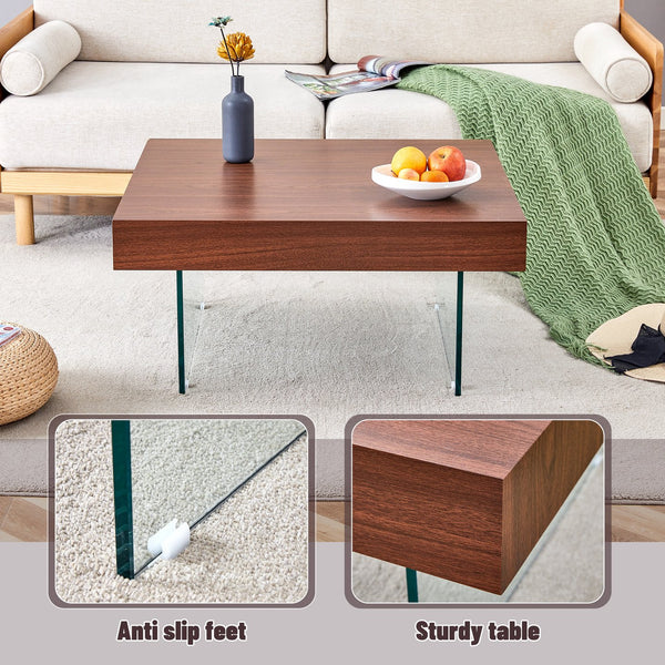 English Elm Walnut Square MDF Coffee Table 31.5"x31.5" with Tempered Glass Legs, Thick 4" Top, Anti-Slip Pads W1151P233512