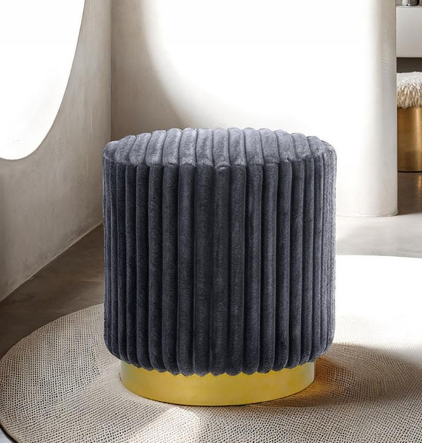 English Elm Round Channel-Tufted Accent Stool Dark Gray Fur with Gold Stainless Steel Plinth Base for Modern Rooms B2741P388370