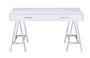 English Elm White High Gloss Writing Desk with USB Port, Chrome Metal Base, 2 Drawers for Organized Modern Workspaces B062P209205