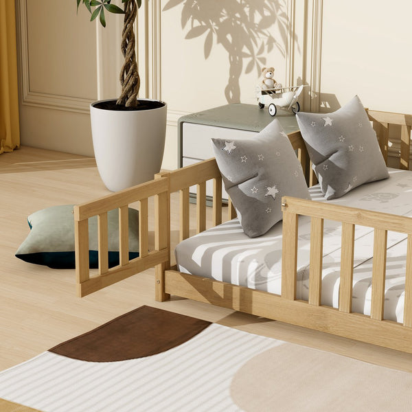English Elm Queen Rubber Wood Floor Bed with Full Perimeter Safety Fence and Hinged Access Door Natural W504P429341