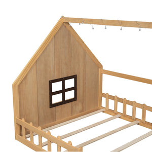 English Elm Full House Bed Frame with Window & Fence Playhouse Design, Sturdy Pine/MDF, Safe 400lb Capacity Natural N709P215545N