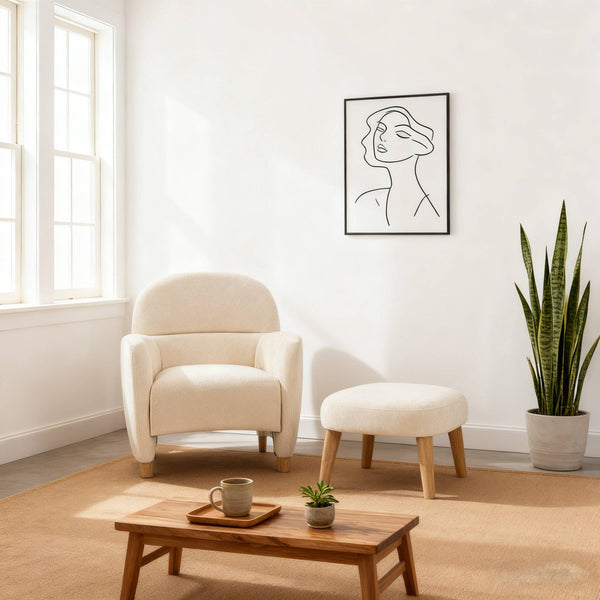 English Elm Modern Upholstered Accent Chair with Ottoman Set for Cozy Reading Nooks and Small Spaces Beige+White W2085P382556