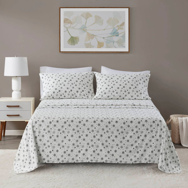 English Elm 4 Pcs King Sheet Set - Elegant Black Snowflakes Cotton Flannel For Cozy Winter Comfort & Style B035P319676