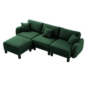 English Elm Boucle Fabric Convertible L-Shaped Sectional Sofa With Shell Armrests, Removable Ottoman, Green Chic Design W3041S00309