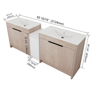English Elm 84 Inch Freestanding Bathroom Vanity with Integrated Resin Sink, Soft-Close Doors, Shelves & Extra Storage Space Glossy White,Plain Light Oak W999S00320