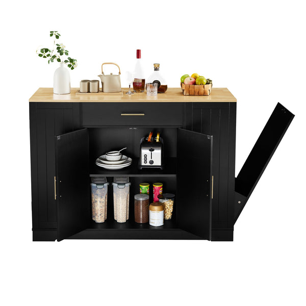 English Elm 53 Inch Kitchen Island With Hidden Trash Can, Adjustable Shelves & Drawer - Stylish Black & Oak Design W1820P199484