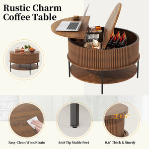 English Elm Flip-top Round Storage Coffee Table Farmhouse Wood Grain Steel Frame Living Room T2398P411962