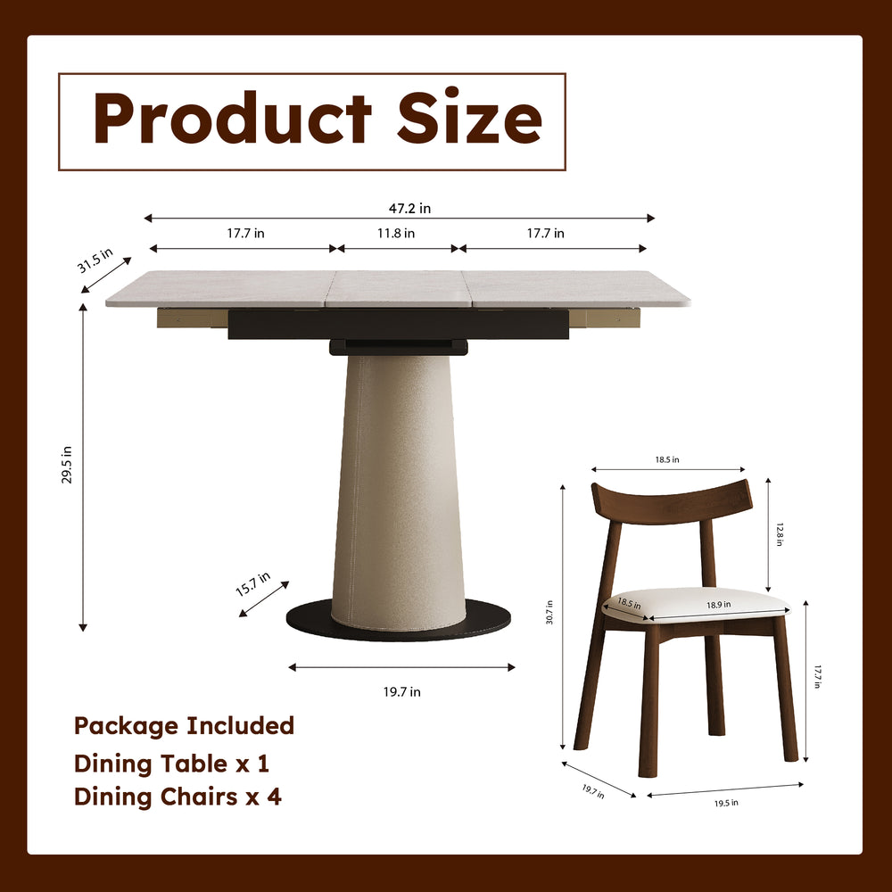 English Elm Retractable Rock Slab Dining Set with Leather Wrapped Base for Compact Apartments W2700S00103