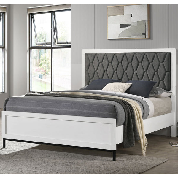 English Elm Taraval White Queen Upholstered Bed with Hexagon Tufted Dark Gray Headboard, Streamlined Frame, Modern Appeal B062S01308