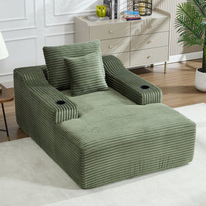 English Elm 67" Corduroy Oversized Chaise Sleeper Sofa Deep Seat Boneless Lounge with Cup Holder Pillows Green W1803P409244