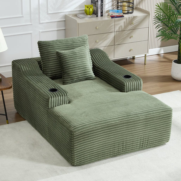 English Elm 67" Corduroy Oversized Chaise Sleeper Sofa Deep Seat Boneless Lounge with Cup Holder Pillows Green W1803P409244