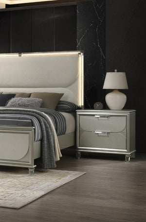 English Elm Glamorous Luxury Fabric Upholstered Queen Bed with LED Headboard, Embossed Panels & 2 Nightstands Set Silver 33 L x 21 W x 28 H B2741S00359