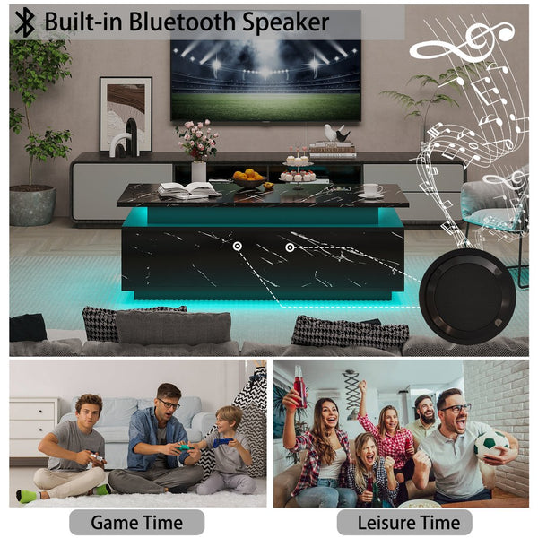 English Elm Coffee Table with Led Lighting Bluetooth Speaker Wireless Charging and Faux Marble Top Black T3773P415725