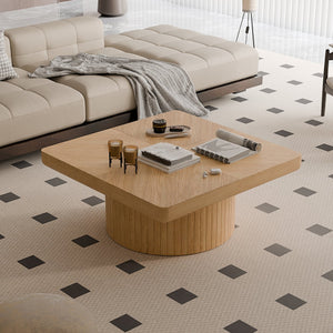English Elm 34.6'' Square Coffee Table Parquet Wood Veneer Sculptural Cylindrical Base Modern Living Room Natural Wood W1435P337646