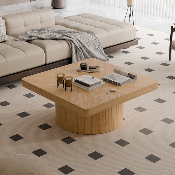 English Elm 34.6'' Square Coffee Table Parquet Wood Veneer Sculptural Cylindrical Base Modern Living Room Natural Wood W1435P337646